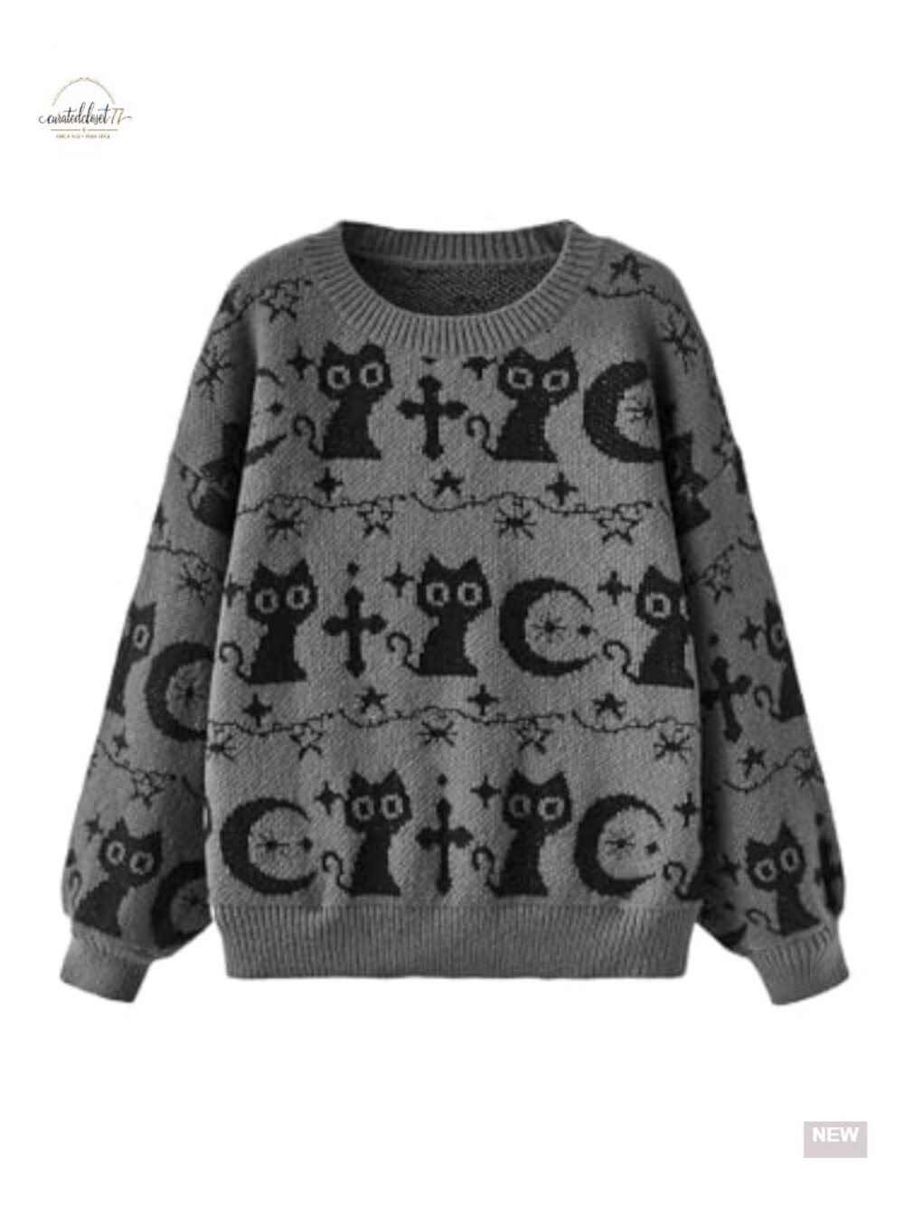 Goth Cartoon Cat Moon Print Knit Sweater Pullover Top
